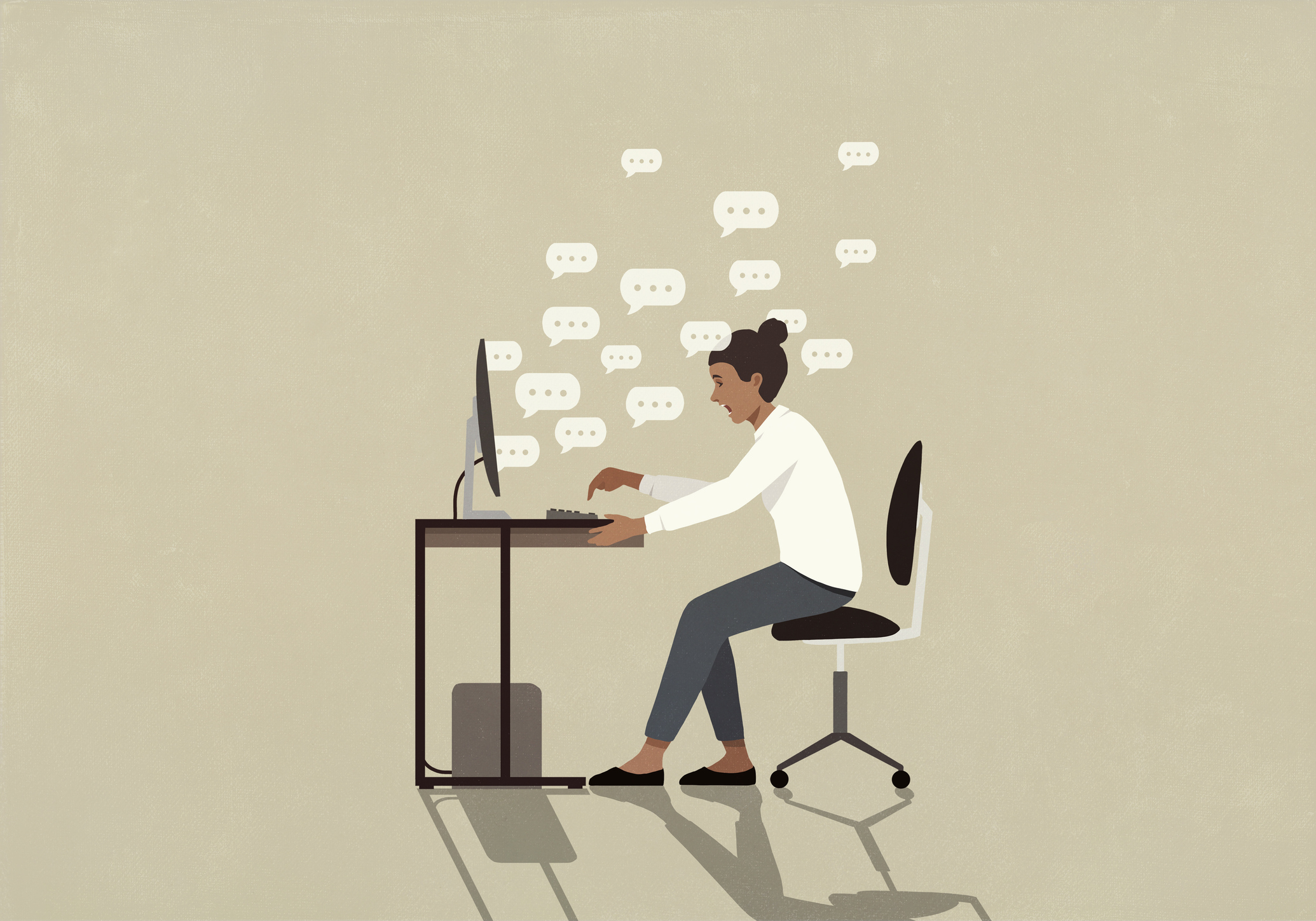 Woman chatting online, working at computer on office desk An illustration of a woman working at a computer.